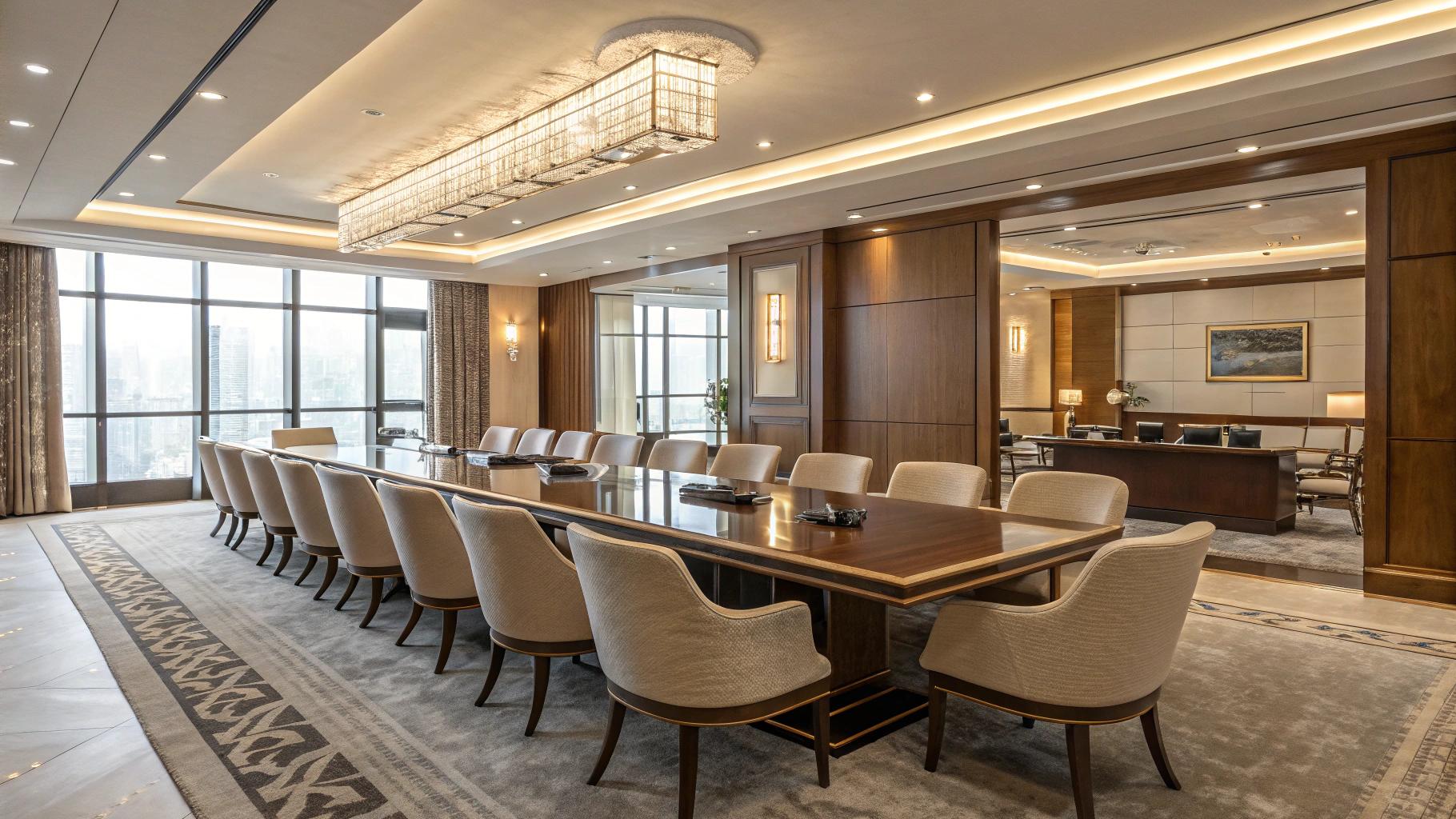 Elegant executive boardroom with panoramic windows and refined hospitality details