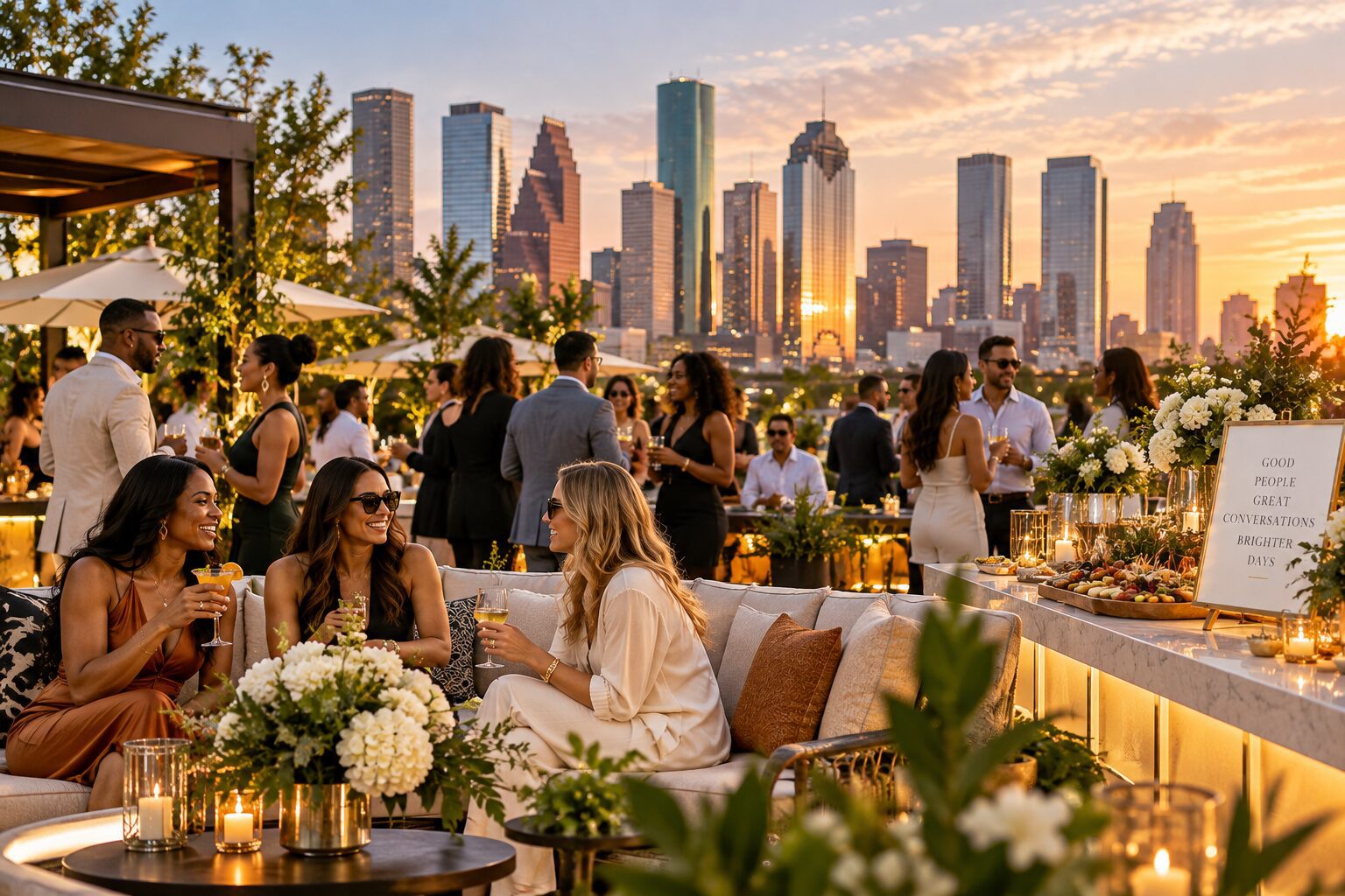 Summer corporate social overlooking the Houston skyline