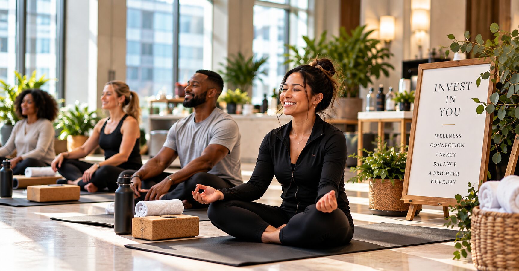 Employees enjoying an onsite wellness and mindfulness experience